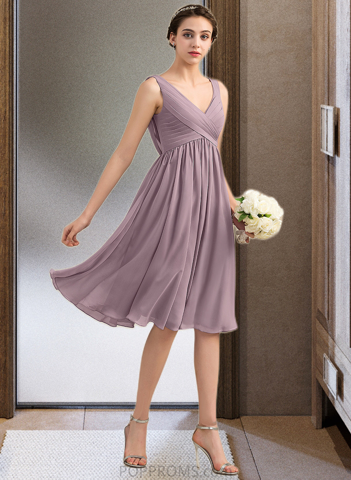 Alaina Empire V-Neck Knee-Length Chiffon Bridesmaid Dress With Cascading Ruffles PP6P0012901