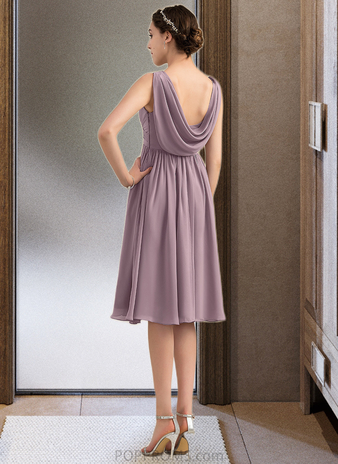 Alaina Empire V-Neck Knee-Length Chiffon Bridesmaid Dress With Cascading Ruffles PP6P0012901