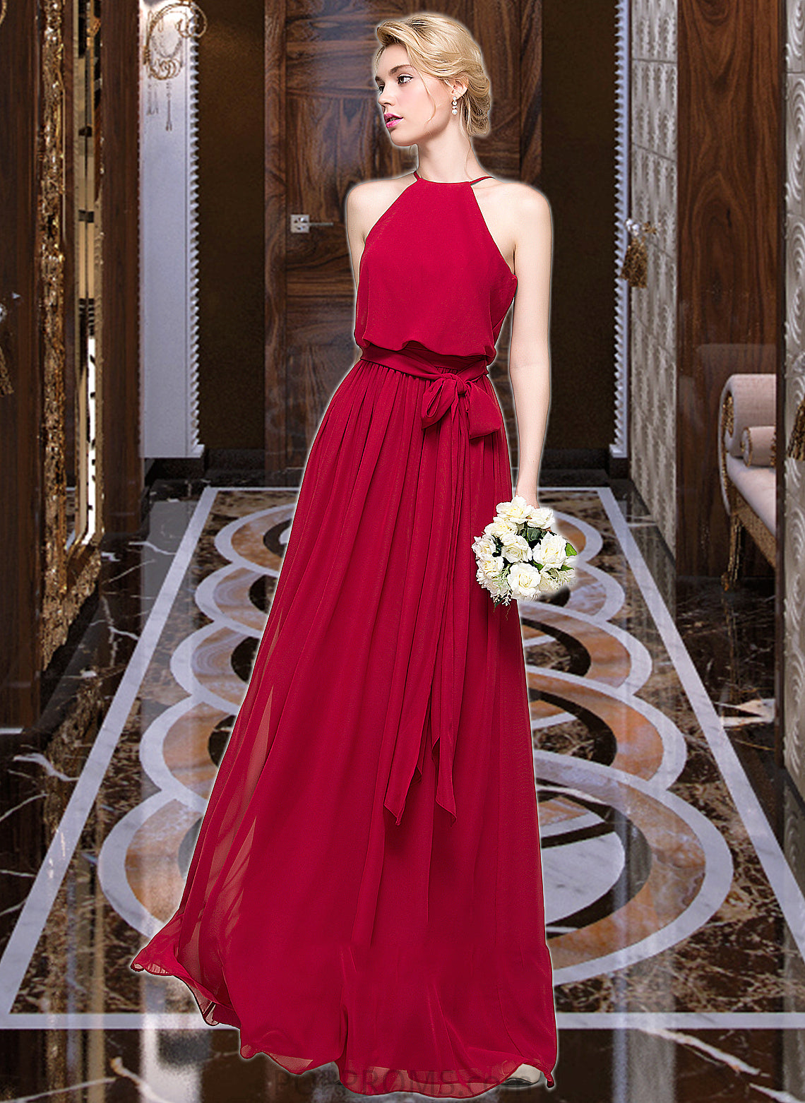 Natalya A-Line Scoop Neck Floor-Length Chiffon Bridesmaid Dress With Bow(s) PP6P0012902