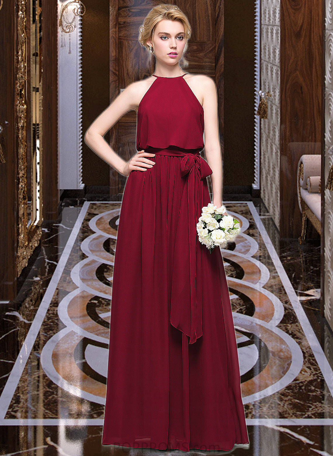 Natalya A-Line Scoop Neck Floor-Length Chiffon Bridesmaid Dress With Bow(s) PP6P0012902