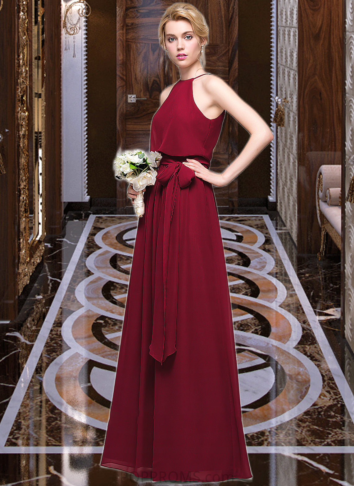 Natalya A-Line Scoop Neck Floor-Length Chiffon Bridesmaid Dress With Bow(s) PP6P0012902