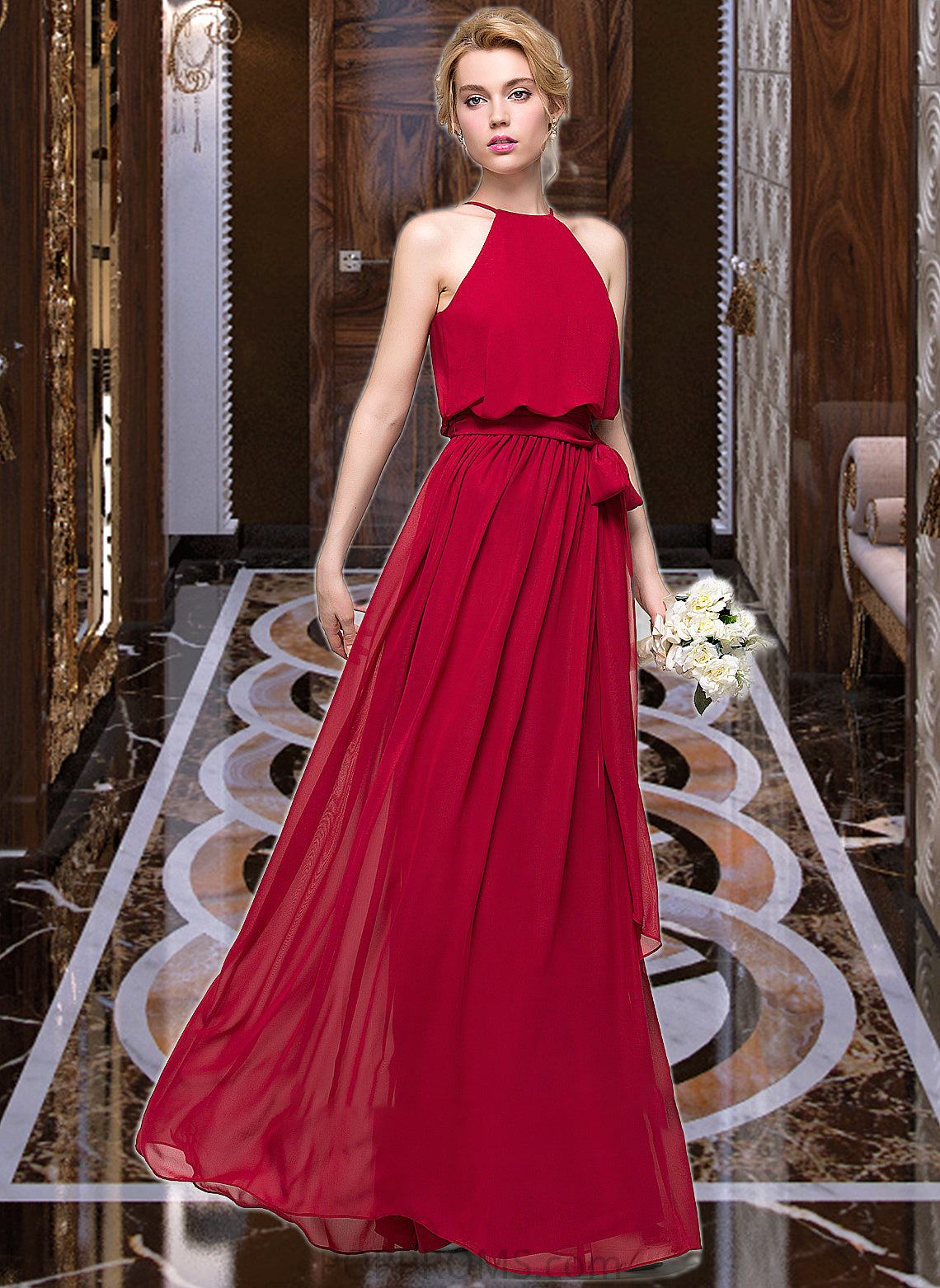 Natalya A-Line Scoop Neck Floor-Length Chiffon Bridesmaid Dress With Bow(s) PP6P0012902