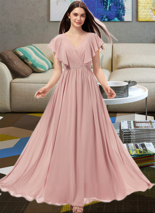 Amiyah A-Line V-neck Floor-Length Chiffon Bridesmaid Dress With Split Front PP6P0012903