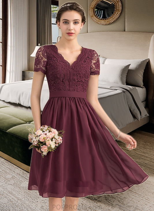 Janelle A-line V-Neck Knee-Length Chiffon Lace Bridesmaid Dress PP6P0012904