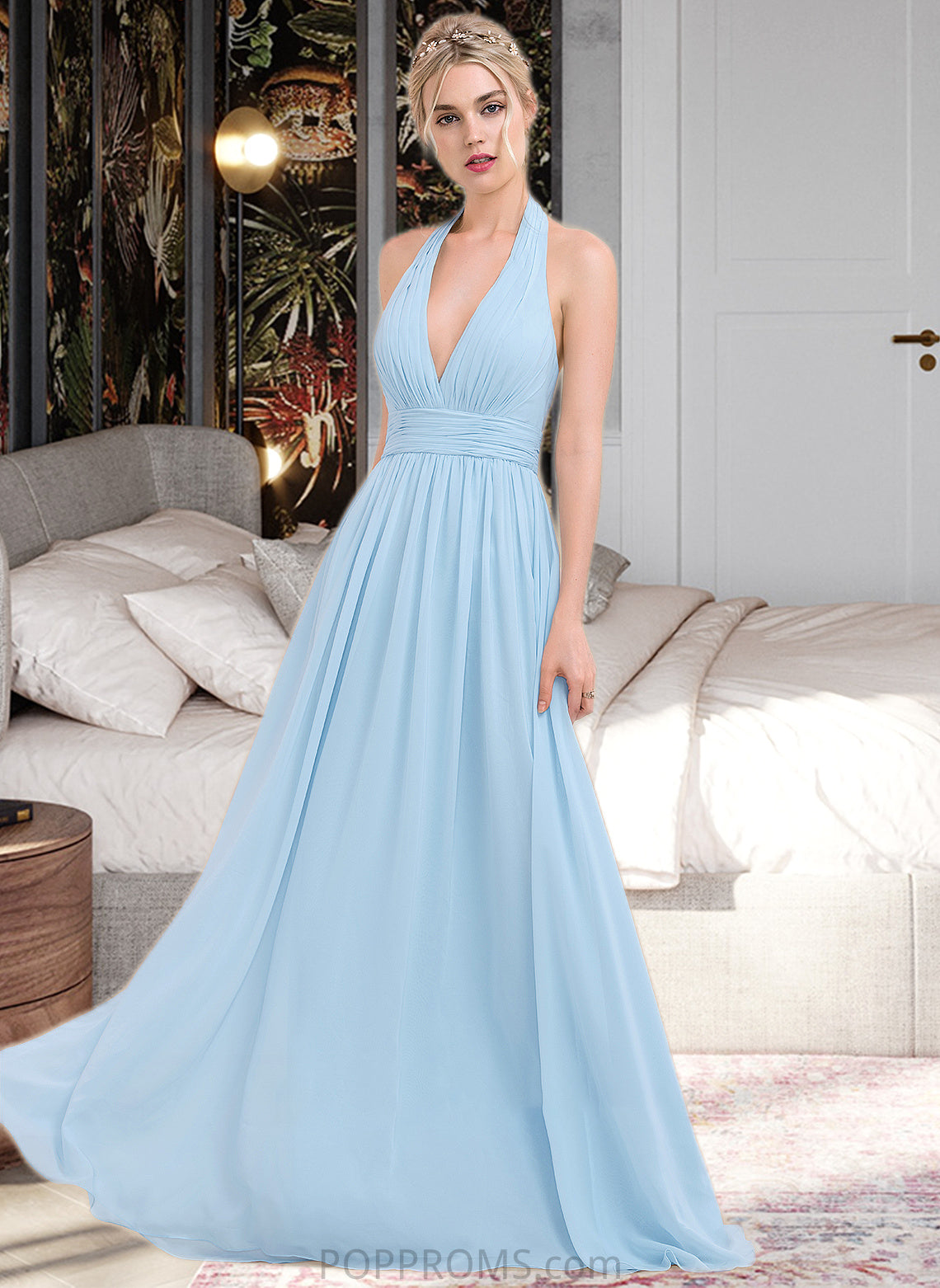 Gabrielle A-line Halter Floor-Length Chiffon Bridesmaid Dress With Ruffle PP6P0012905