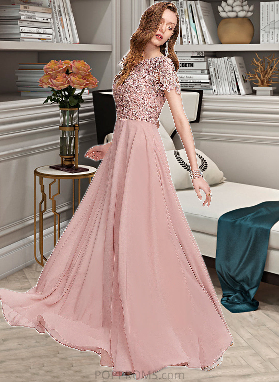 Audrey A-Line Scoop Neck Floor-Length Chiffon Bridesmaid Dress With Sequins PP6P0012908