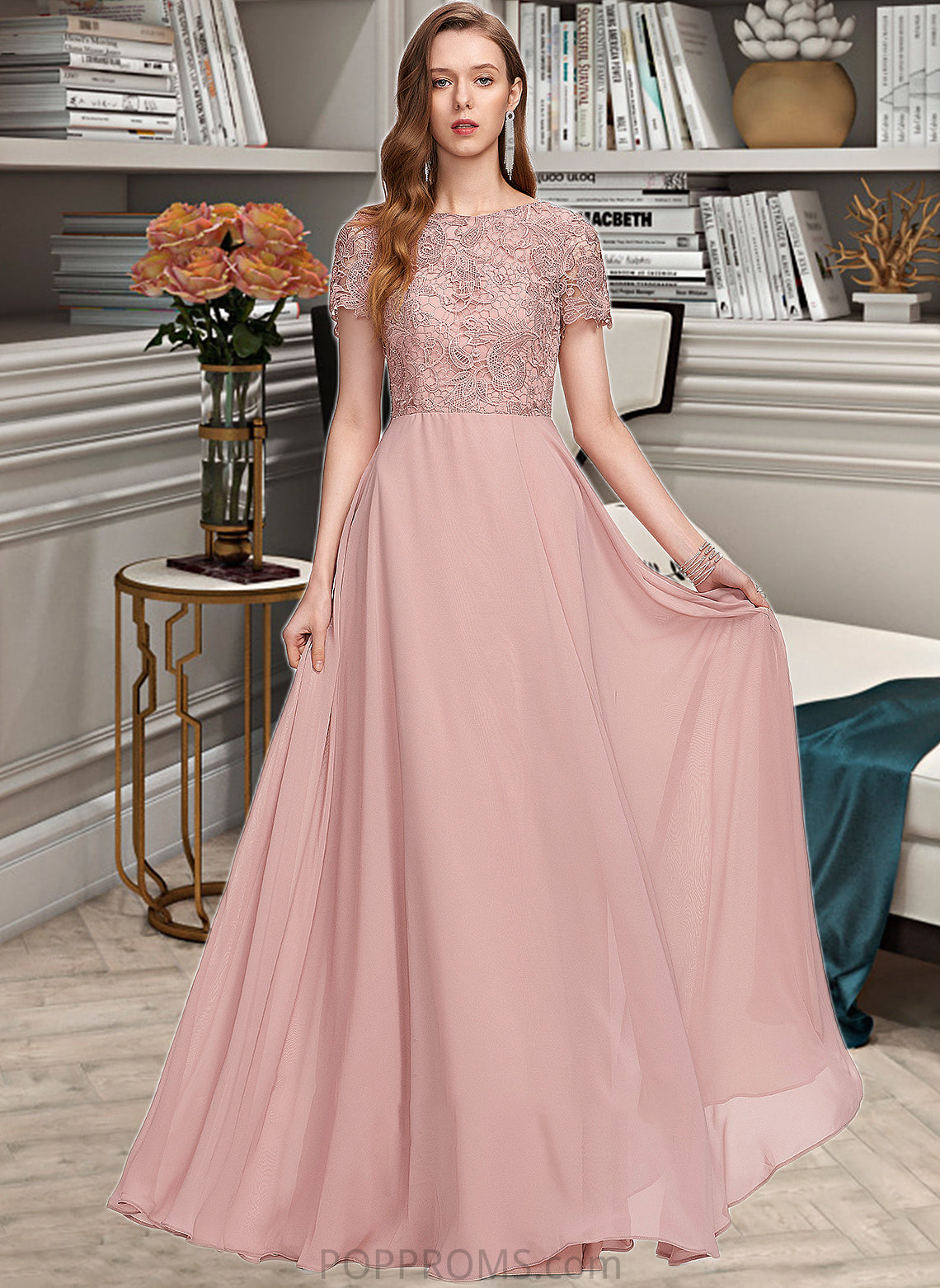 Audrey A-Line Scoop Neck Floor-Length Chiffon Bridesmaid Dress With Sequins PP6P0012908