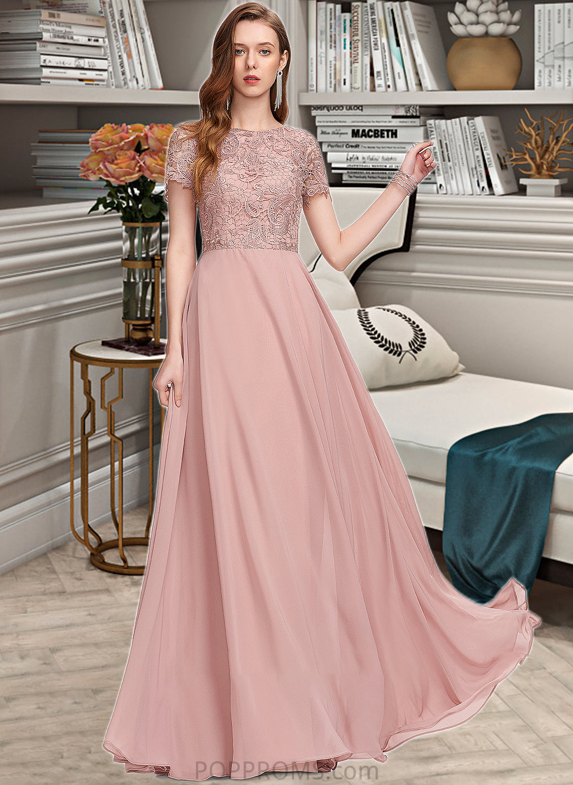 Audrey A-Line Scoop Neck Floor-Length Chiffon Bridesmaid Dress With Sequins PP6P0012908