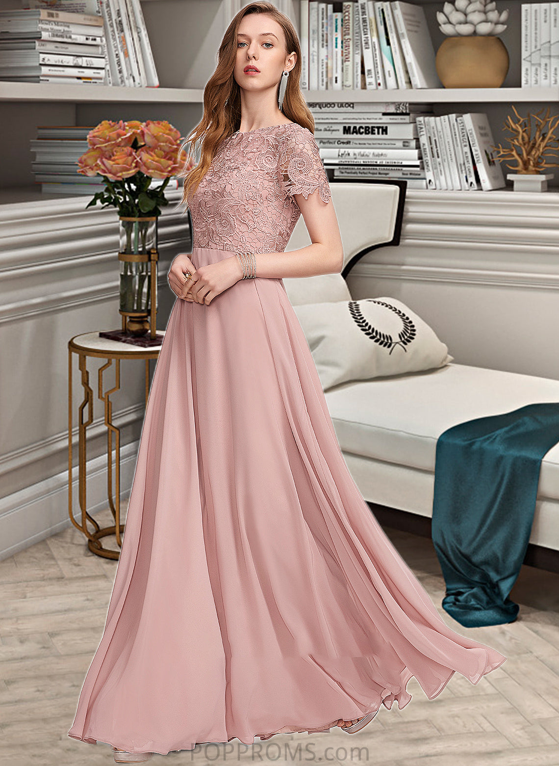 Audrey A-Line Scoop Neck Floor-Length Chiffon Bridesmaid Dress With Sequins PP6P0012908