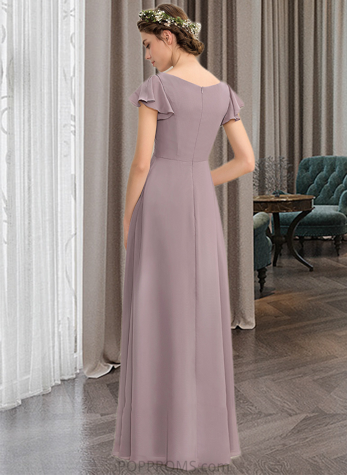 Genevieve A-Line V-neck Floor-Length Chiffon Bridesmaid Dress With Cascading Ruffles Pockets PP6P0012910