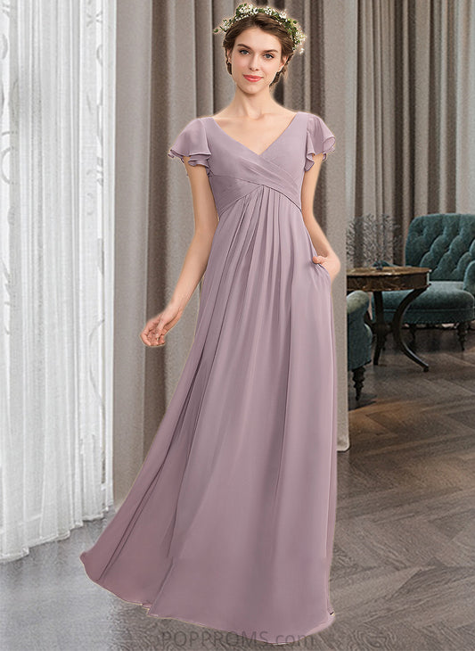 Genevieve A-Line V-neck Floor-Length Chiffon Bridesmaid Dress With Cascading Ruffles Pockets PP6P0012910