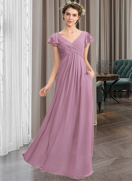 Genevieve A-Line V-neck Floor-Length Chiffon Bridesmaid Dress With Cascading Ruffles Pockets PP6P0012910