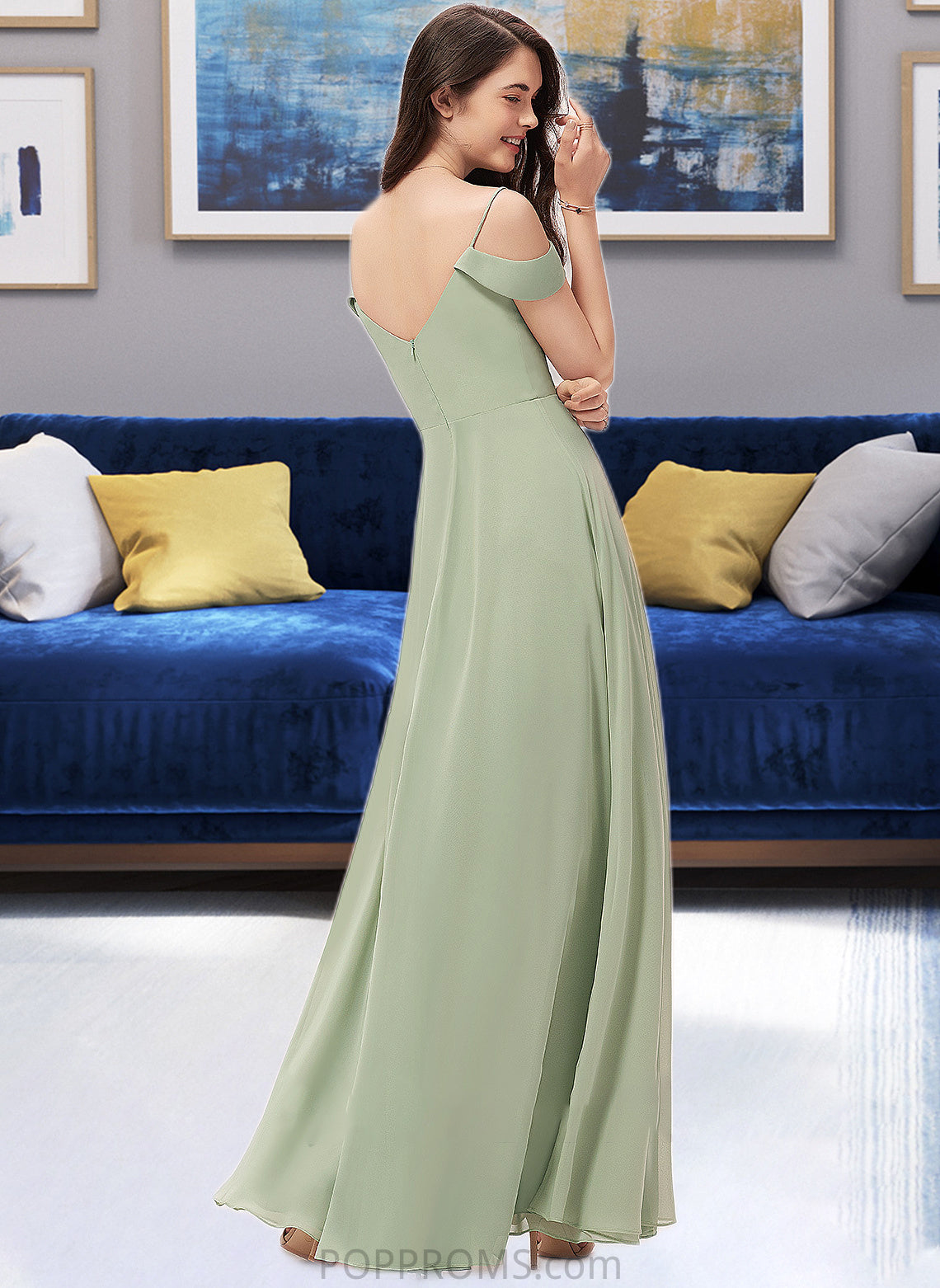 Angeline A-Line V-neck Floor-Length Chiffon Bridesmaid Dress With Split Front PP6P0012915