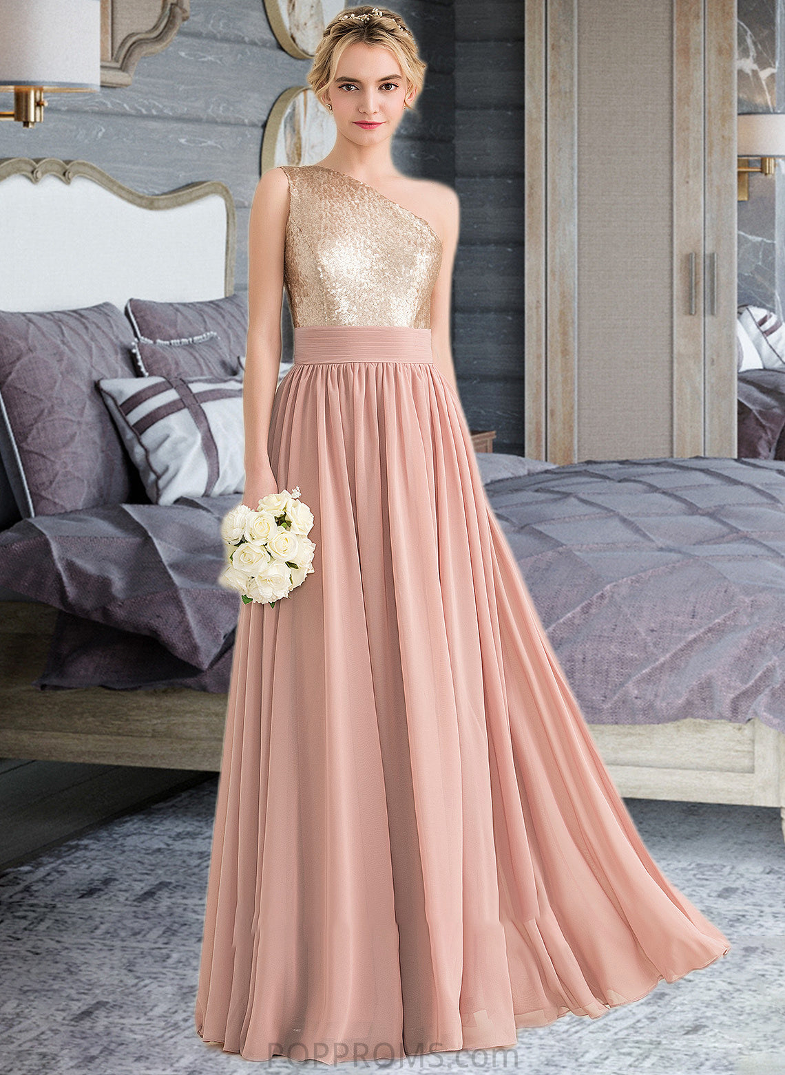 Yaritza A-line One Shoulder Floor-Length Chiffon Sequined Bridesmaid Dress PP6P0012916