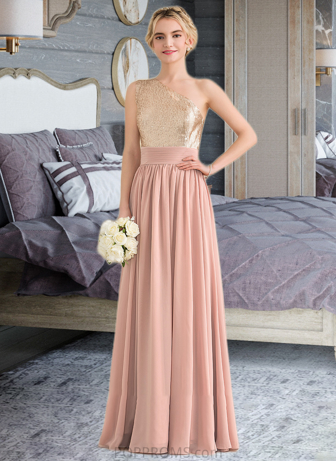 Yaritza A-line One Shoulder Floor-Length Chiffon Sequined Bridesmaid Dress PP6P0012916