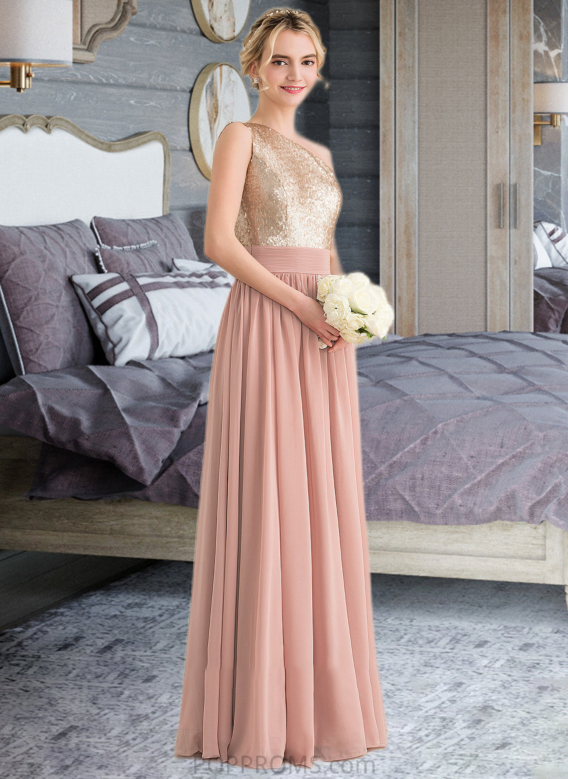 Yaritza A-line One Shoulder Floor-Length Chiffon Sequined Bridesmaid Dress PP6P0012916