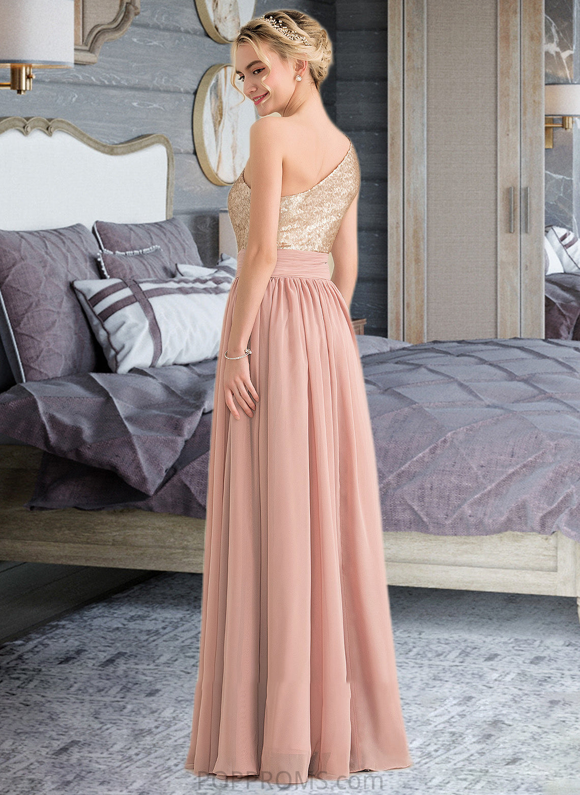 Yaritza A-line One Shoulder Floor-Length Chiffon Sequined Bridesmaid Dress PP6P0012916