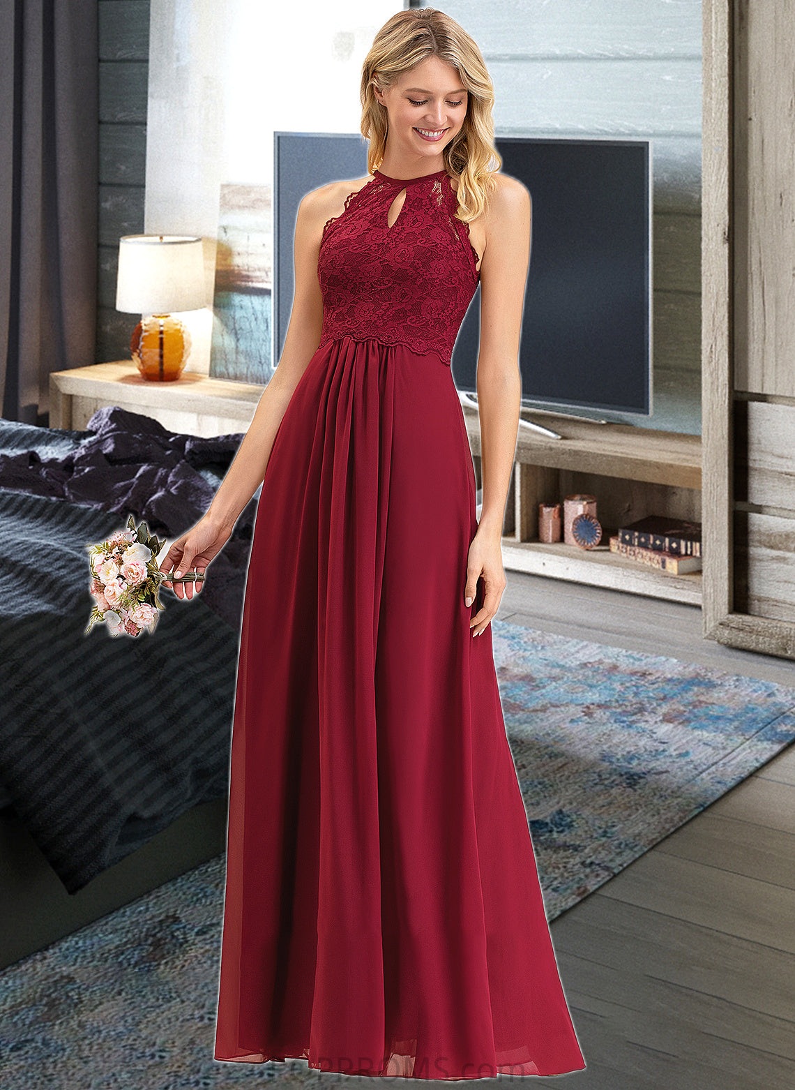 Kylie A-Line Scoop Neck Floor-Length Chiffon Lace Bridesmaid Dress PP6P0012918