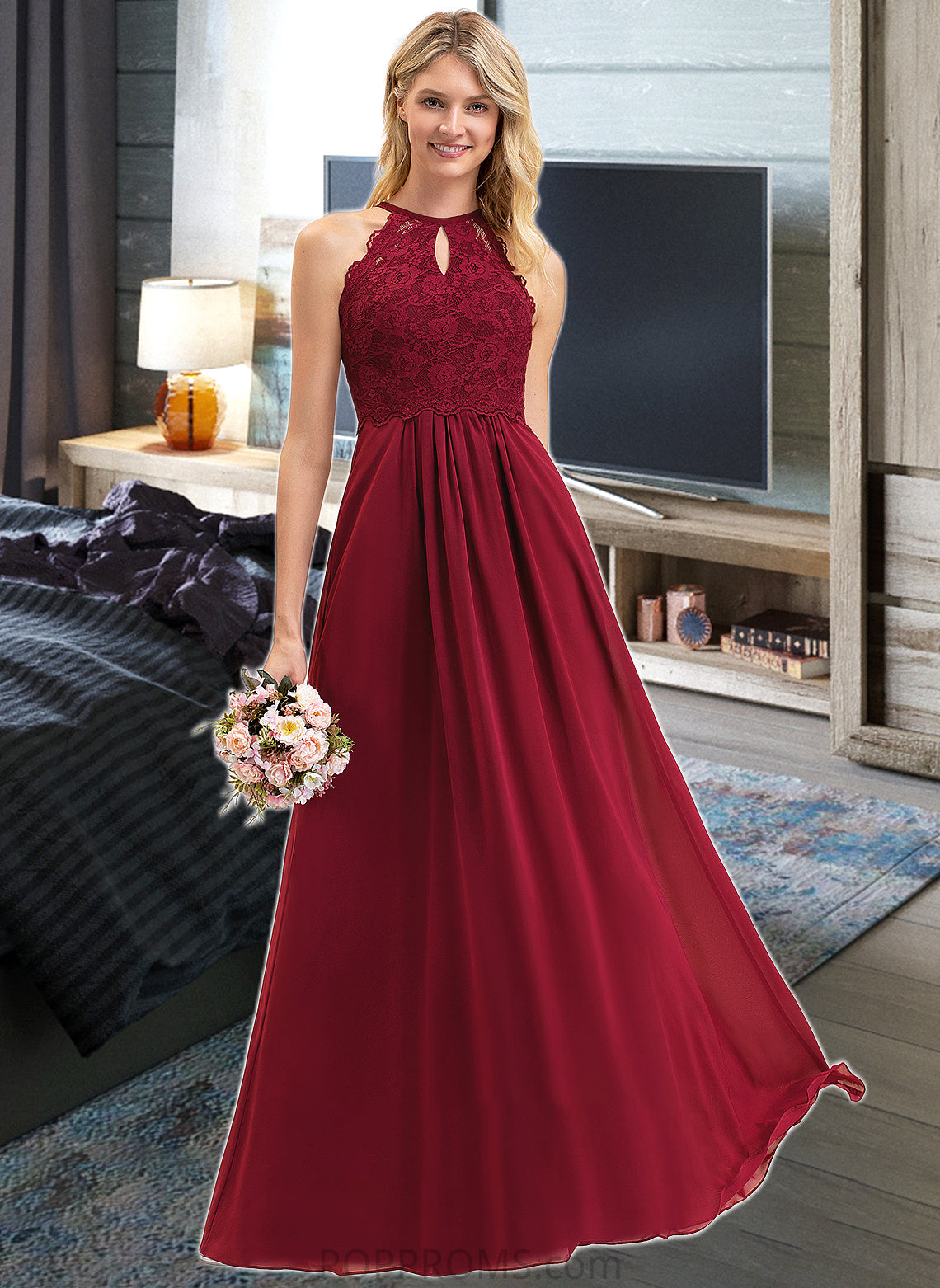 Kylie A-Line Scoop Neck Floor-Length Chiffon Lace Bridesmaid Dress PP6P0012918