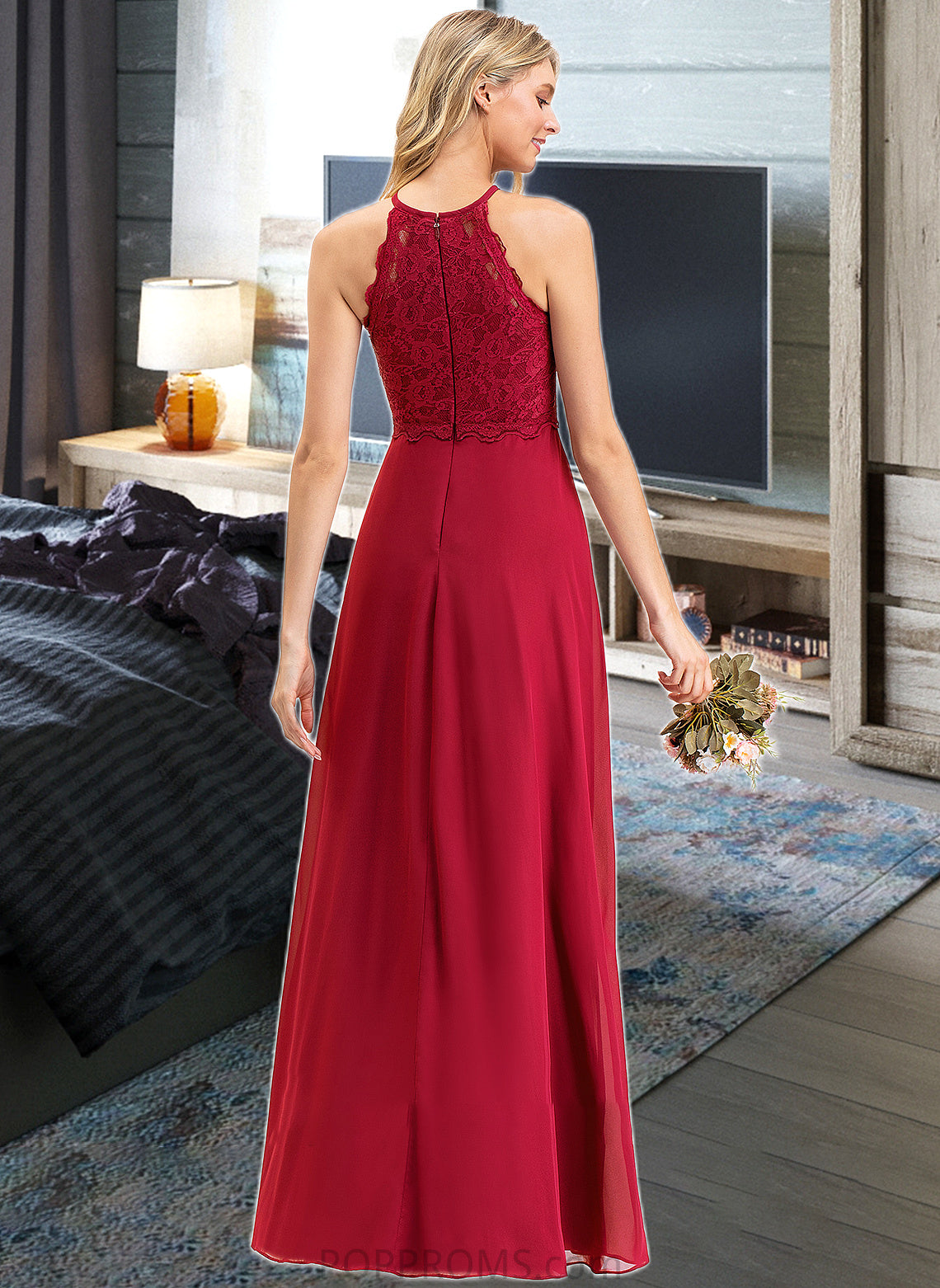 Kylie A-Line Scoop Neck Floor-Length Chiffon Lace Bridesmaid Dress PP6P0012918