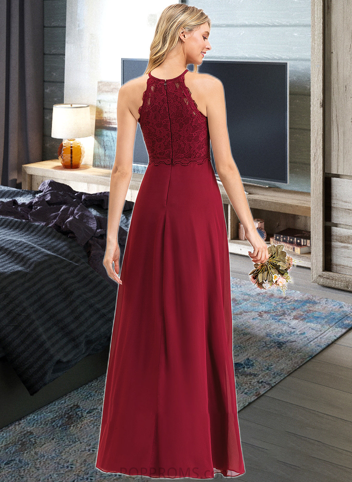 Kylie A-Line Scoop Neck Floor-Length Chiffon Lace Bridesmaid Dress PP6P0012918