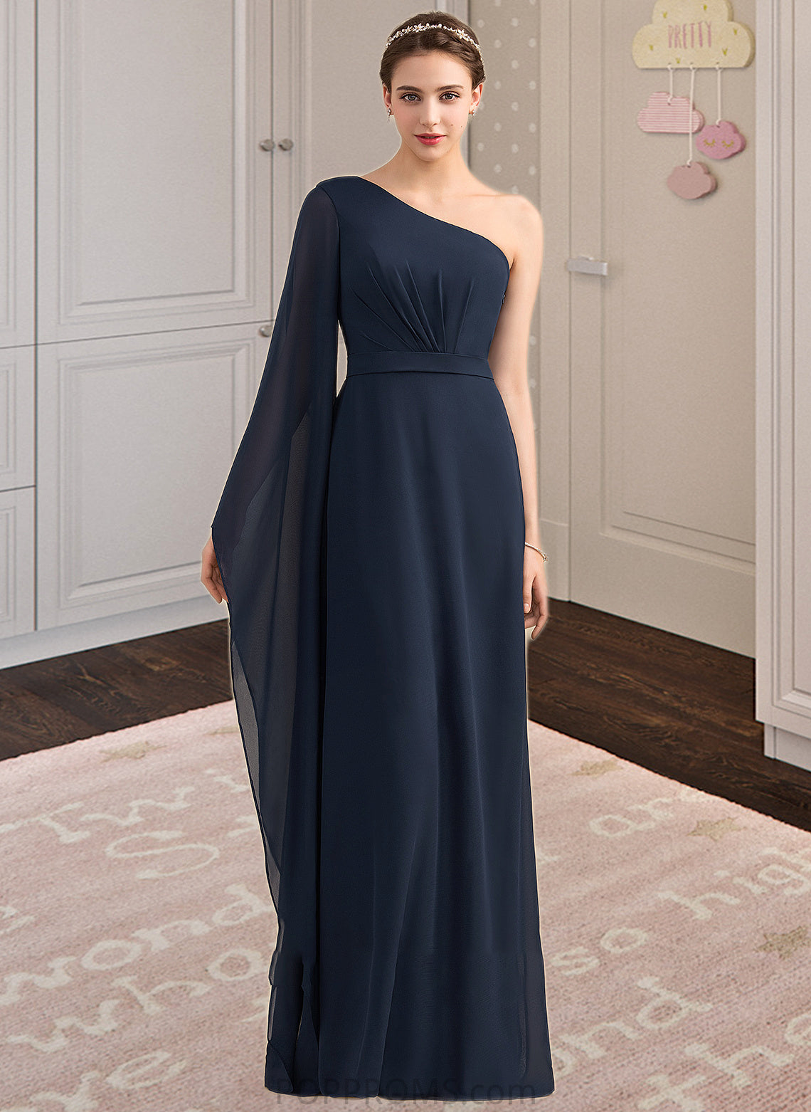 Lucille A-line One Shoulder Floor-Length Chiffon Bridesmaid Dress With Ruffle PP6P0012920