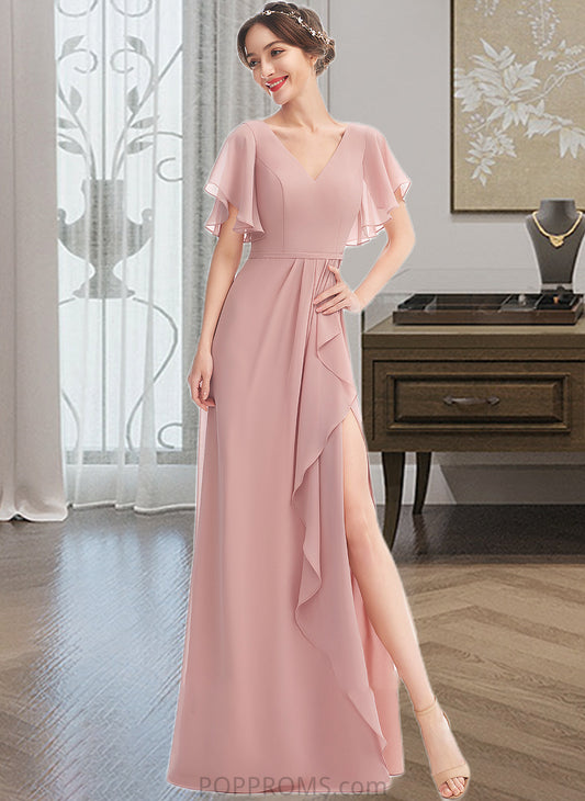 Emmalee A-Line V-neck Floor-Length Bridesmaid Dress With Ruffle Split Front PP6P0012923