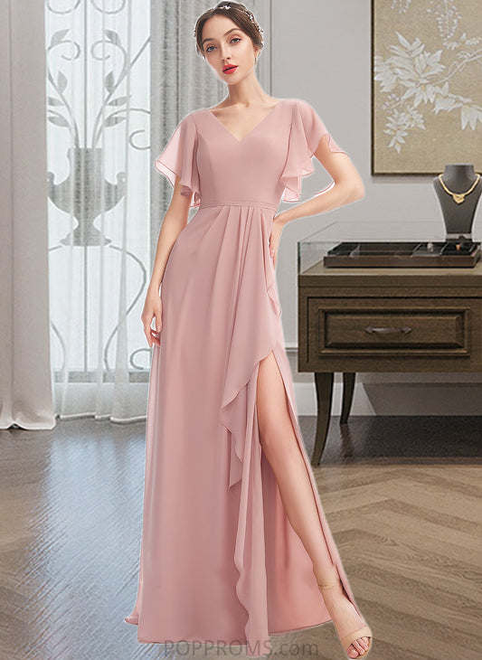 Emmalee A-Line V-neck Floor-Length Bridesmaid Dress With Ruffle Split Front PP6P0012923