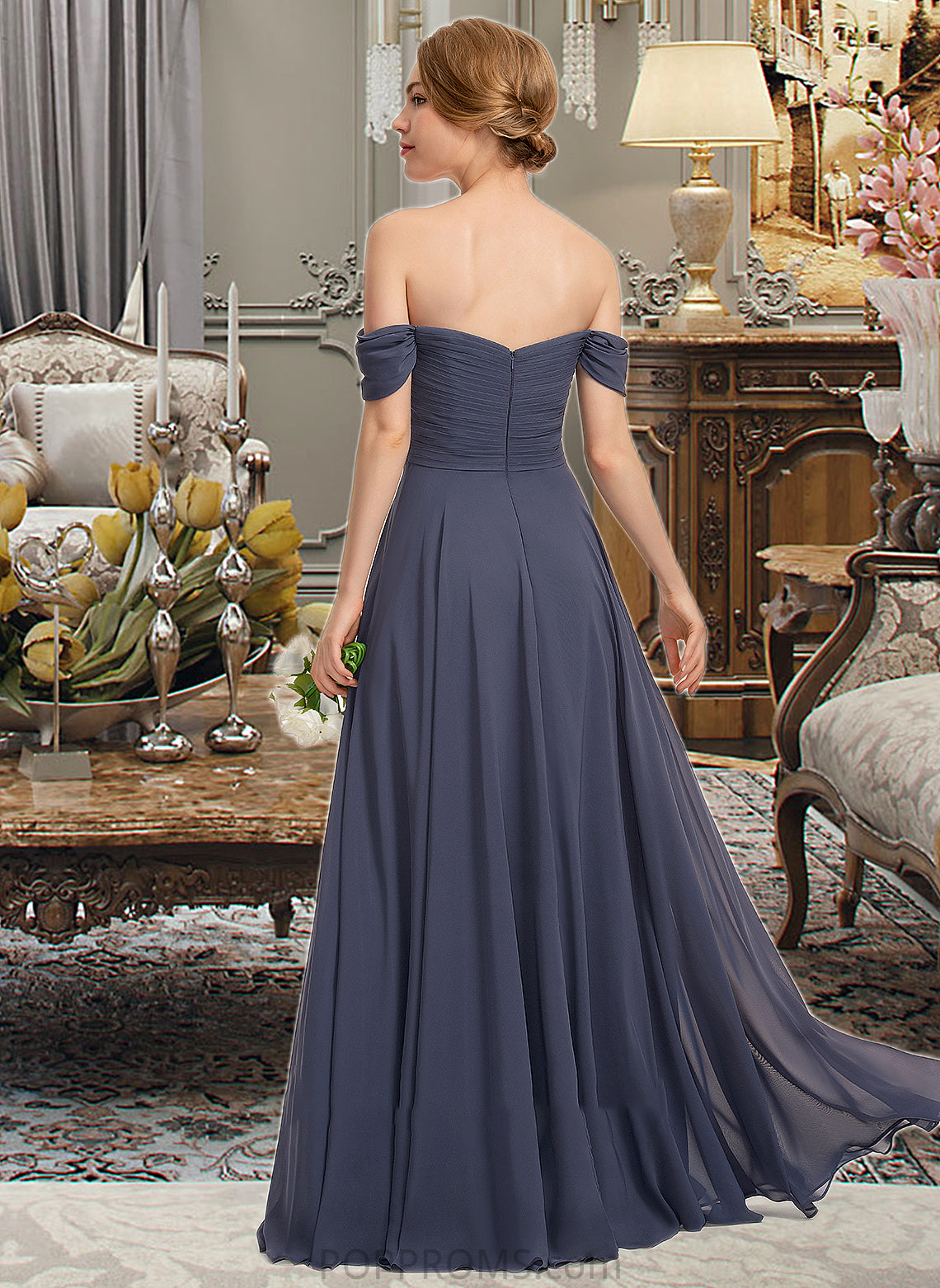 Jaida A-line Off the Shoulder Floor-Length Chiffon Bridesmaid Dress With Ruffle PP6P0012924