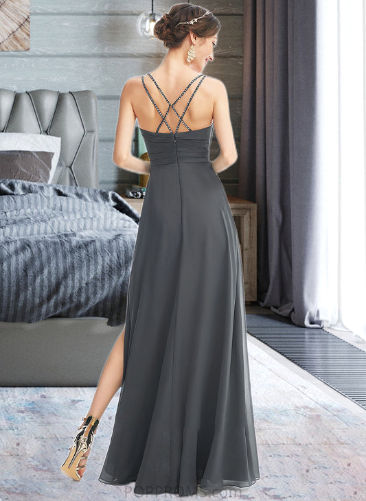 Yuliana A-Line V-neck Floor-Length Bridesmaid Dress With Ruffle Beading Split Front PP6P0012926