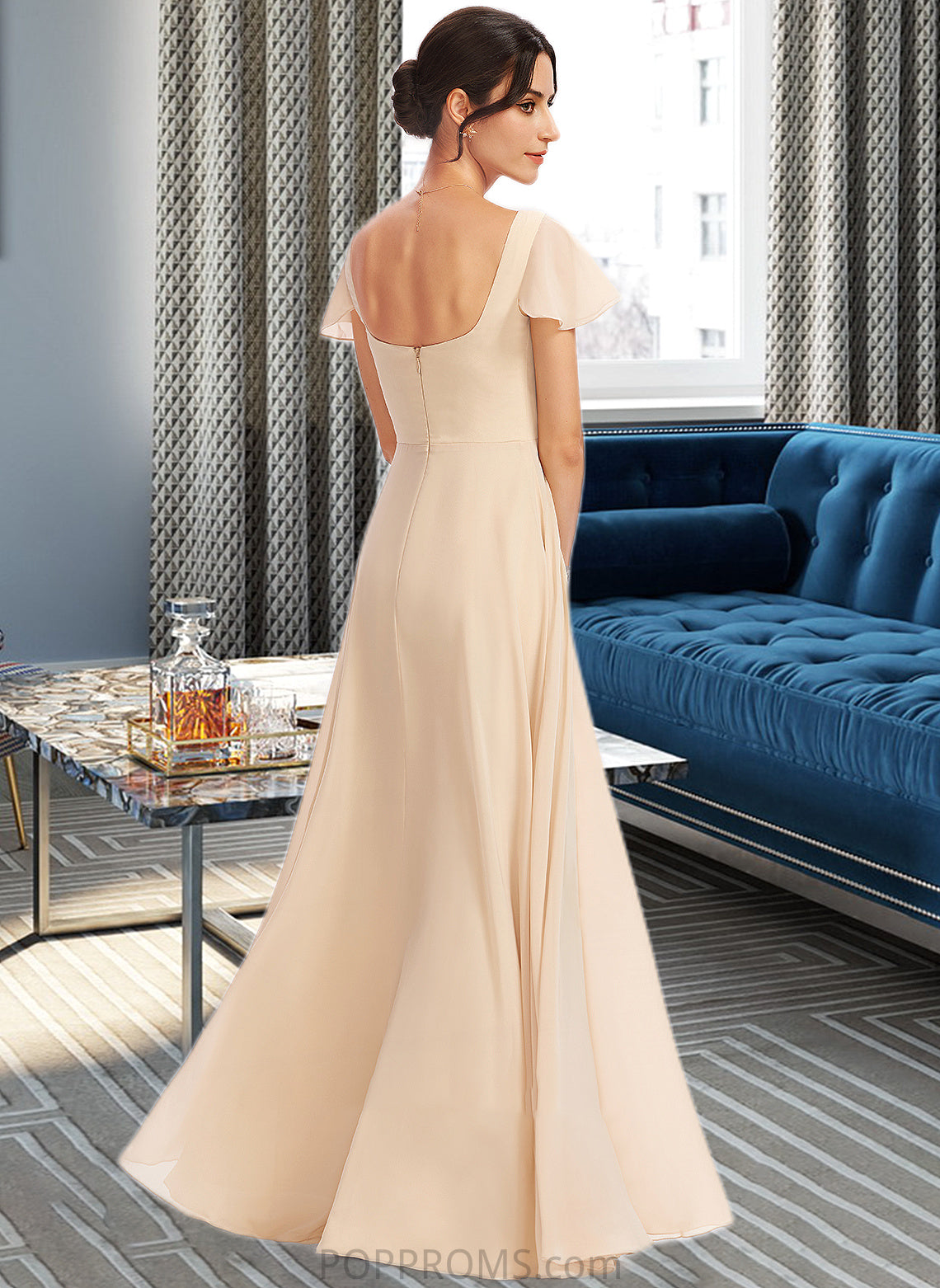 Chaya A-Line Square Neckline Floor-Length Bridesmaid Dress With Cascading Ruffles PP6P0012928