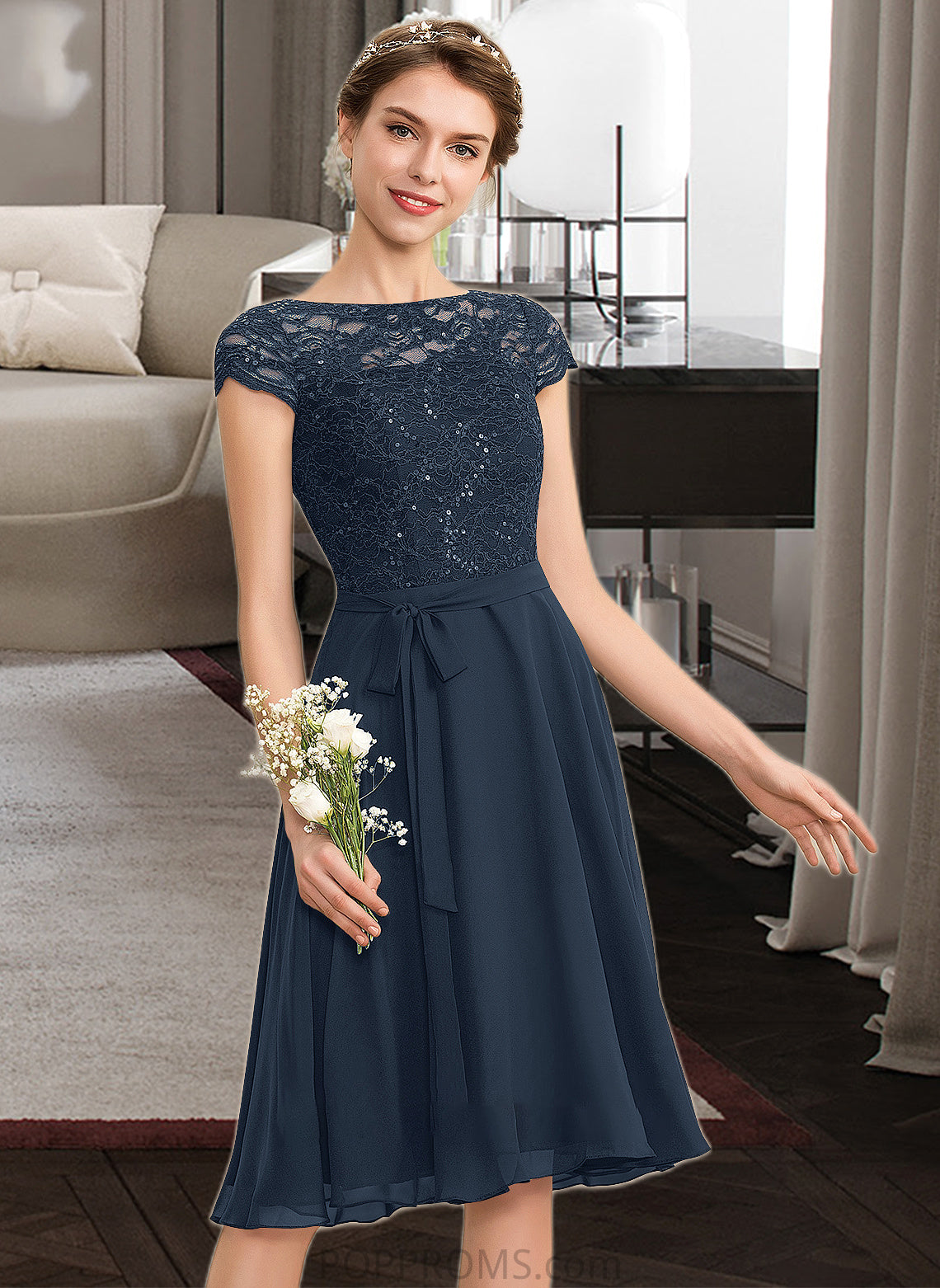 Elisa A-Line Scoop Neck Knee-Length Chiffon Lace Bridesmaid Dress With Sequins Bow(s) PP6P0012929