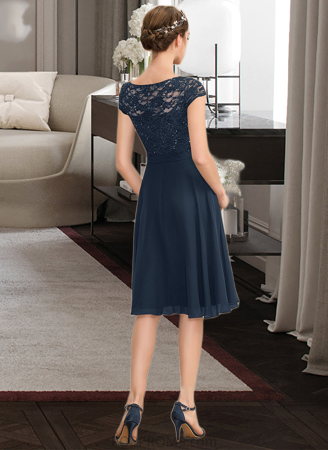 Elisa A-Line Scoop Neck Knee-Length Chiffon Lace Bridesmaid Dress With Sequins Bow(s) PP6P0012929