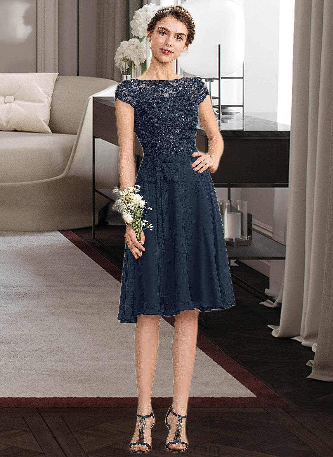 Elisa A-Line Scoop Neck Knee-Length Chiffon Lace Bridesmaid Dress With Sequins Bow(s) PP6P0012929