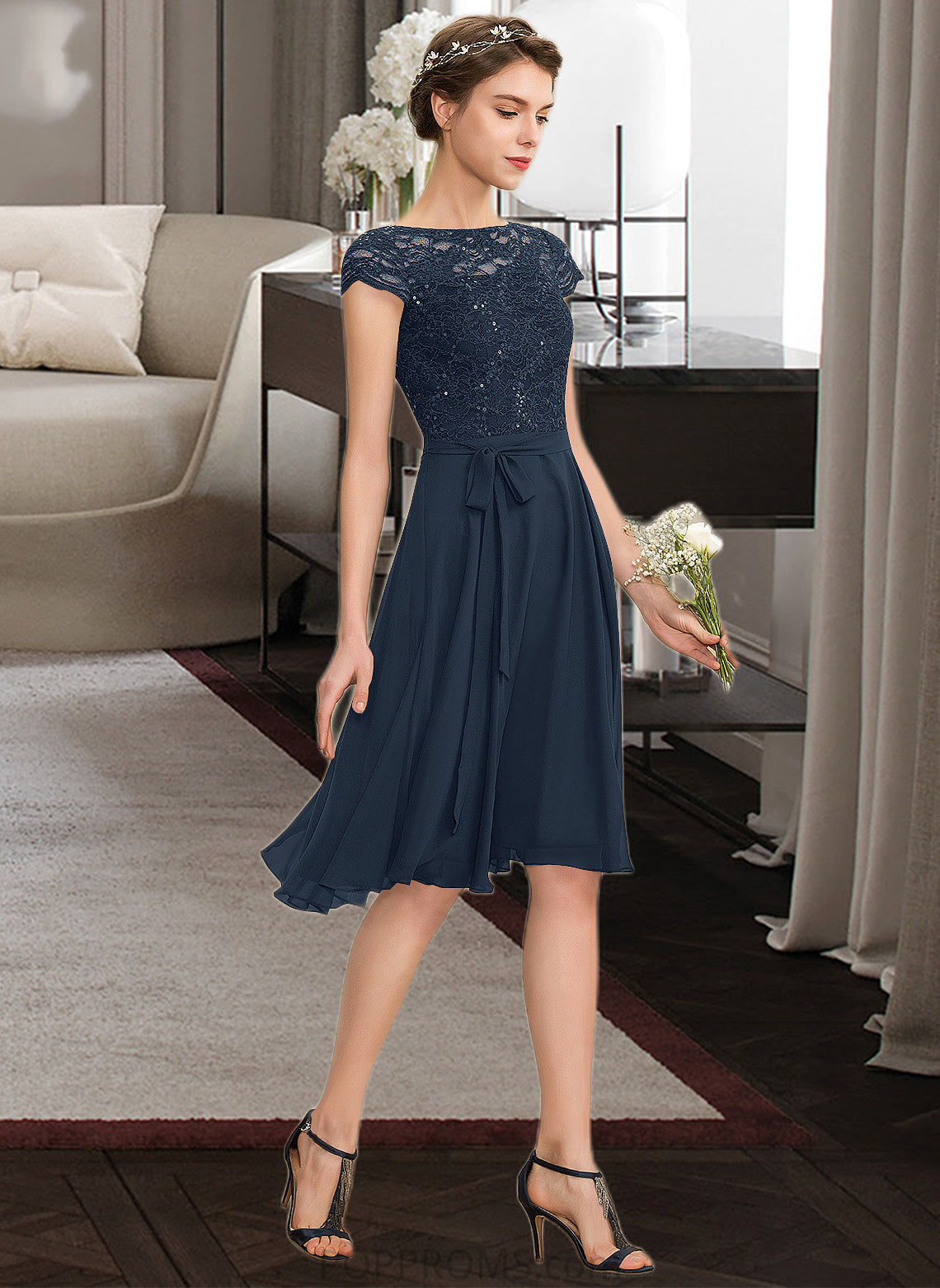 Elisa A-Line Scoop Neck Knee-Length Chiffon Lace Bridesmaid Dress With Sequins Bow(s) PP6P0012929