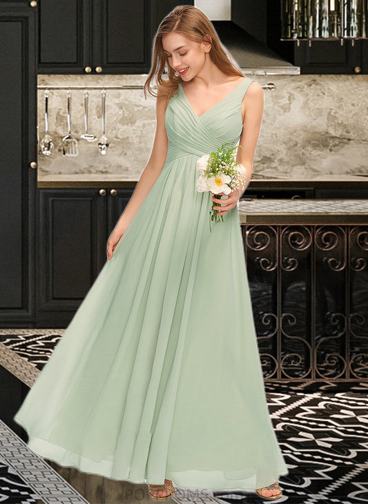 Desirae A-Line V-neck Floor-Length Chiffon Bridesmaid Dress With Ruffle Split Front PP6P0012933