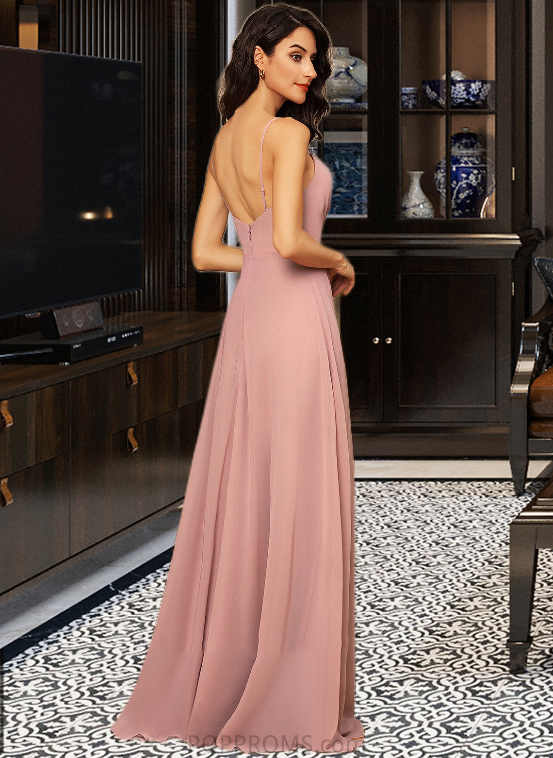 Finley A-Line V-neck Floor-Length Chiffon Bridesmaid Dress With Ruffle Split Front PP6P0012936