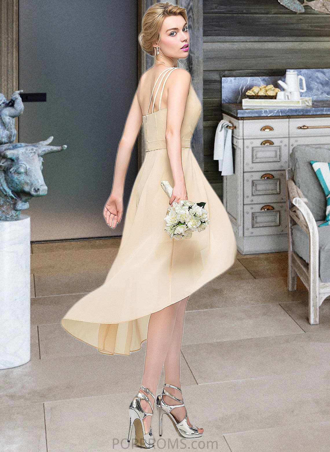 Anahi A-Line One-Shoulder Asymmetrical Chiffon Bridesmaid Dress With Ruffle Bow(s) Cascading Ruffles PP6P0012937