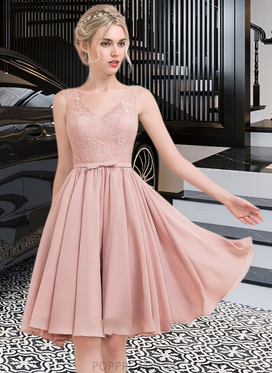 Rosalyn A-Line V-neck Knee-Length Chiffon Lace Bridesmaid Dress With Bow(s) PP6P0012939