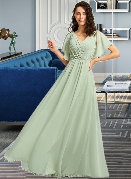 Annie A-Line V-neck Floor-Length Bridesmaid Dress With Ruffle PP6P0012940