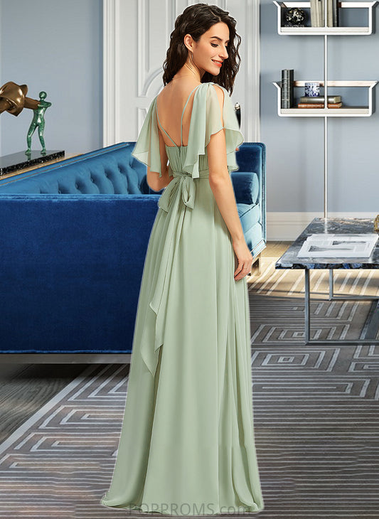 Annie A-Line V-neck Floor-Length Bridesmaid Dress With Ruffle PP6P0012940