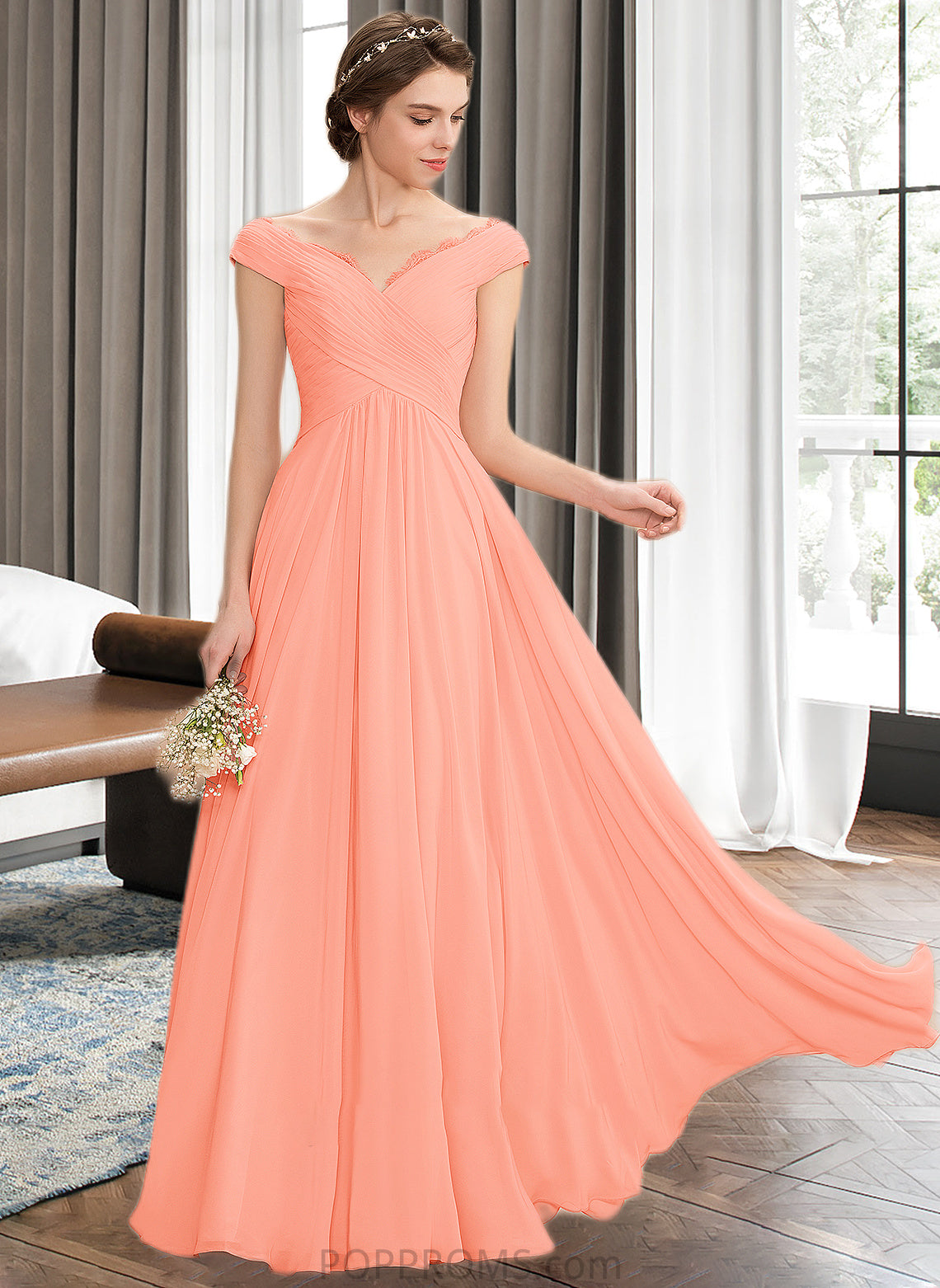 Melina A-Line Off-the-Shoulder Floor-Length Chiffon Bridesmaid Dress With Ruffle Lace PP6P0012941