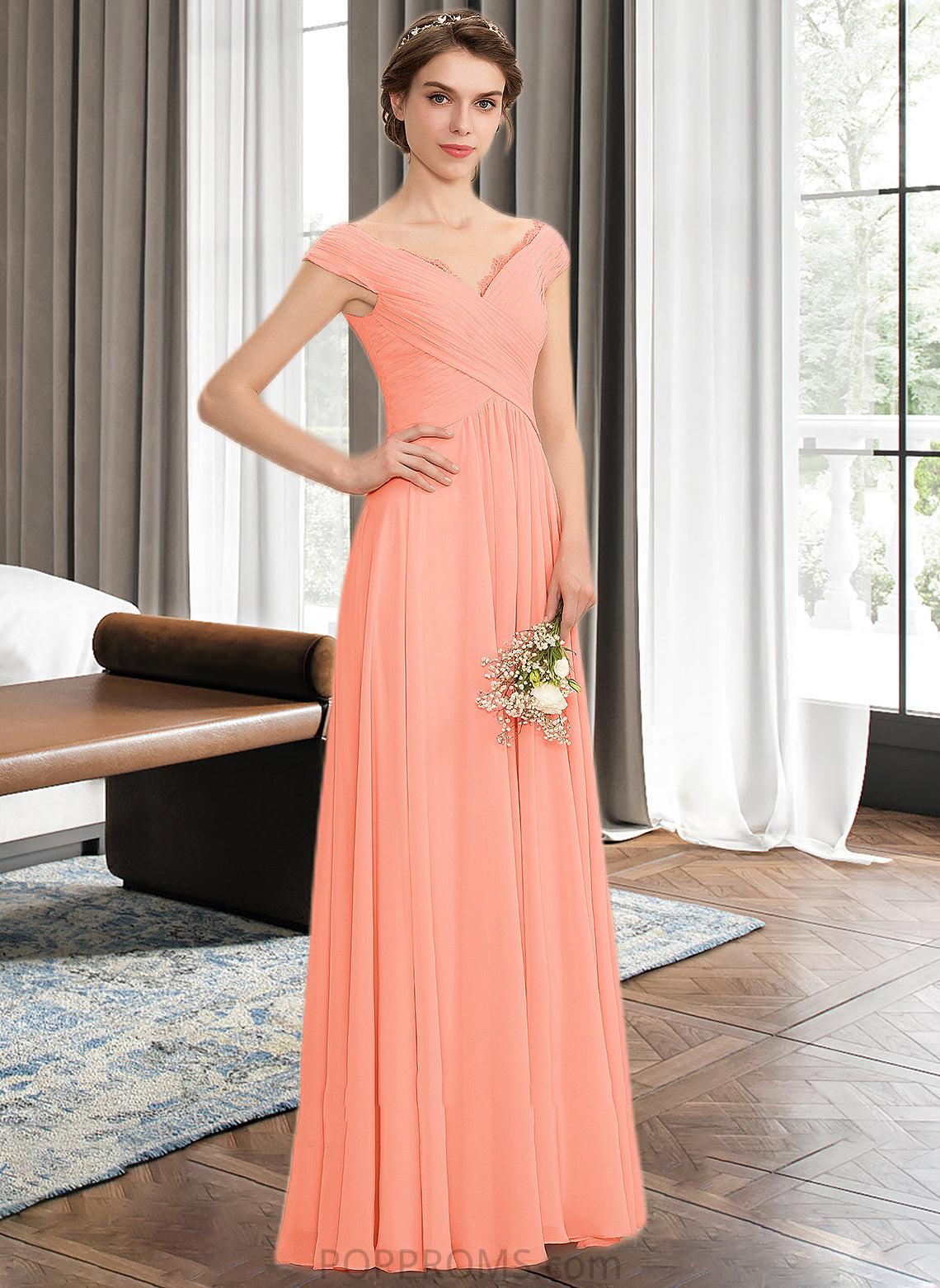 Melina A-Line Off-the-Shoulder Floor-Length Chiffon Bridesmaid Dress With Ruffle Lace PP6P0012941