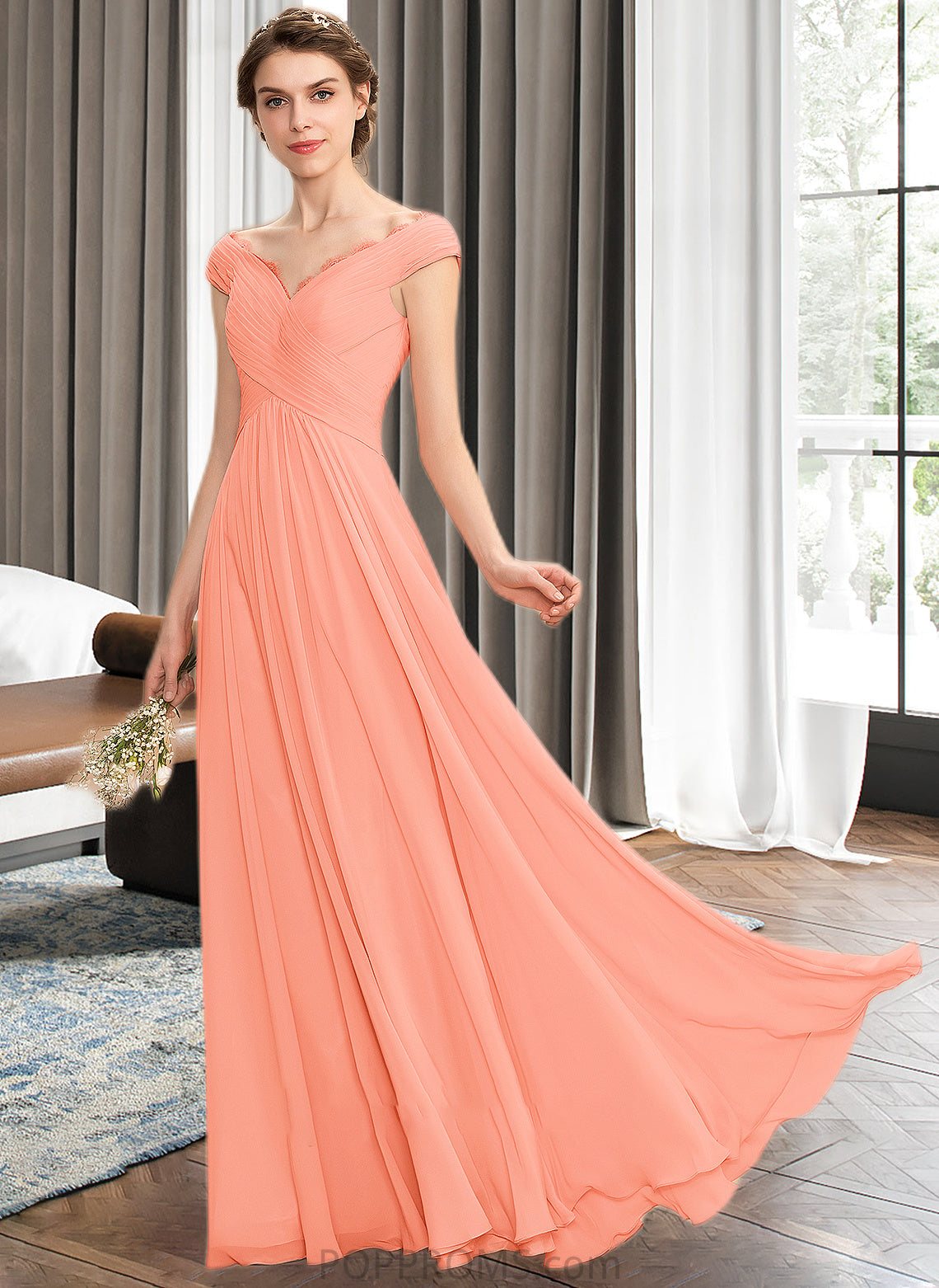 Melina A-Line Off-the-Shoulder Floor-Length Chiffon Bridesmaid Dress With Ruffle Lace PP6P0012941