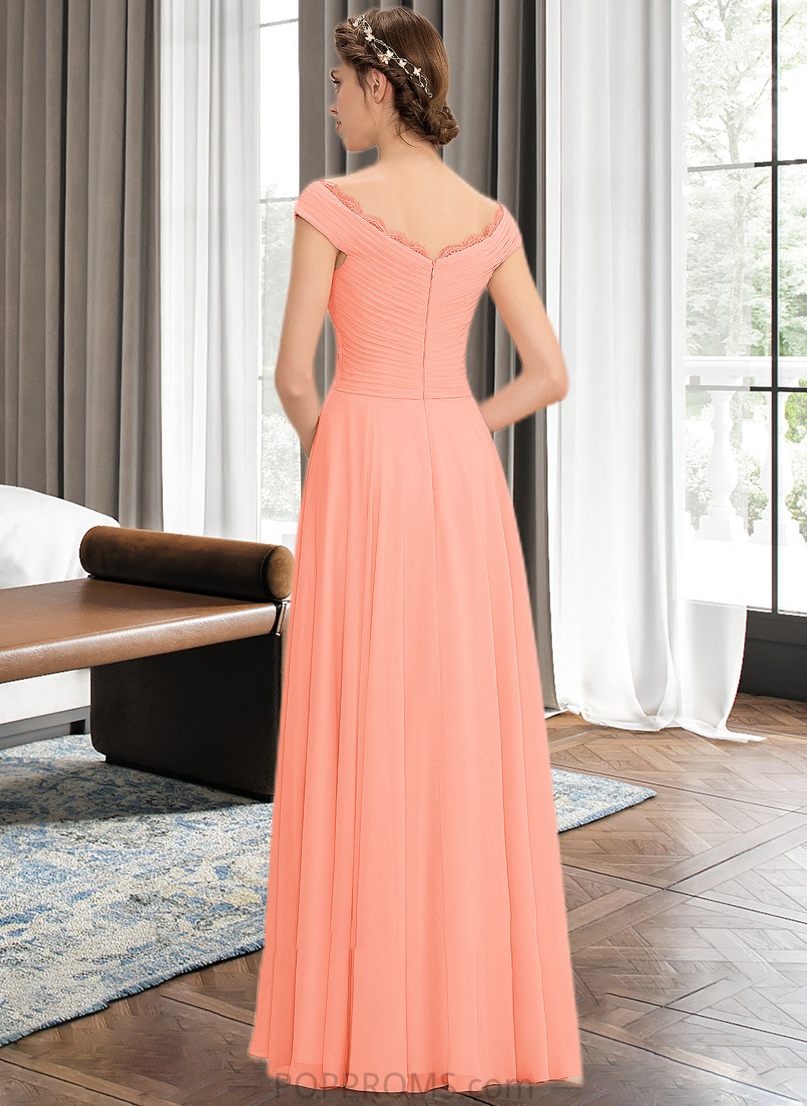 Melina A-Line Off-the-Shoulder Floor-Length Chiffon Bridesmaid Dress With Ruffle Lace PP6P0012941