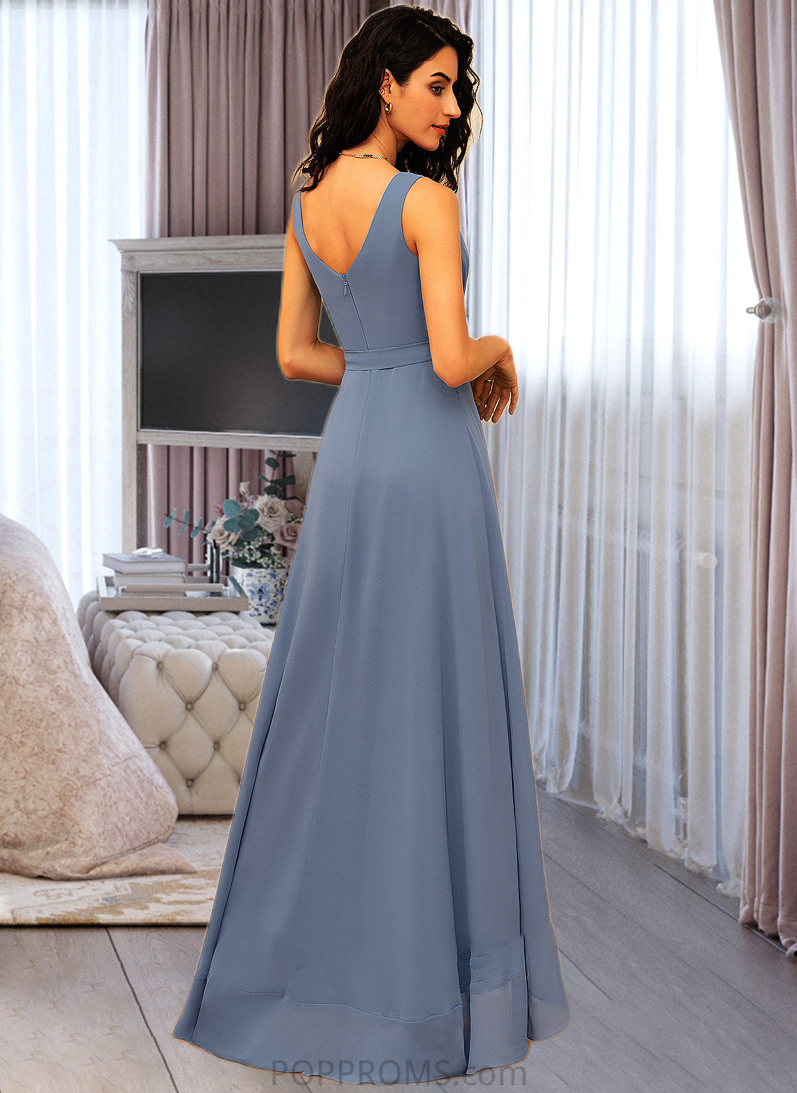 Maya A-Line V-neck Asymmetrical Chiffon Bridesmaid Dress With Ruffle Bow(s) PP6P0012942