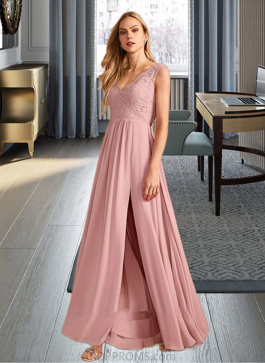 Brielle A-Line V-neck Floor-Length Bridesmaid Dress With Split Front Pockets PP6P0012943