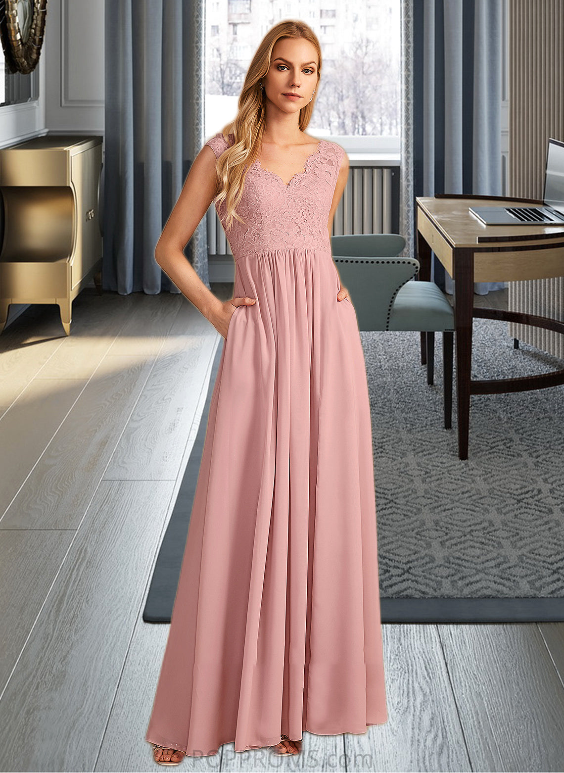 Brielle A-Line V-neck Floor-Length Bridesmaid Dress With Split Front Pockets PP6P0012943