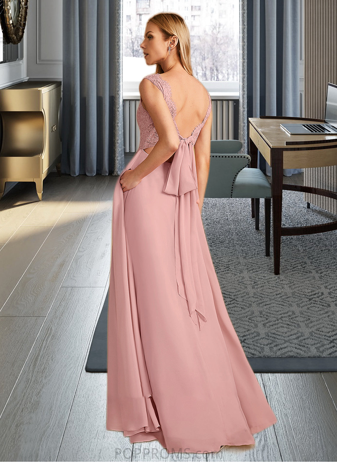 Brielle A-Line V-neck Floor-Length Bridesmaid Dress With Split Front Pockets PP6P0012943