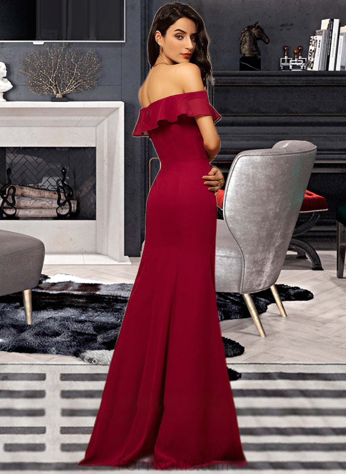 Taniyah Sheath/Column Off-the-Shoulder Floor-Length Chiffon Bridesmaid Dress With Split Front Cascading Ruffles PP6P0012944